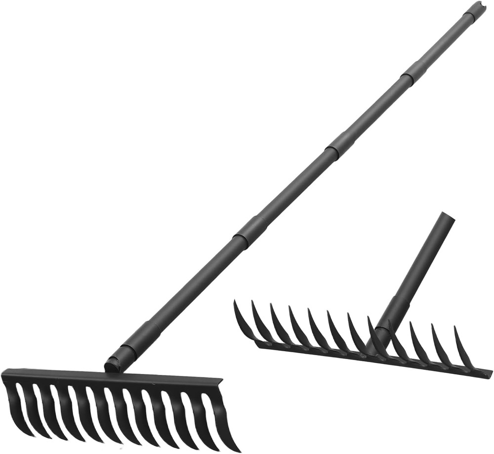 60" Bow Rake 12 Tines Metal Head Rakes with Adjustable Handle, Thatch Rake for G