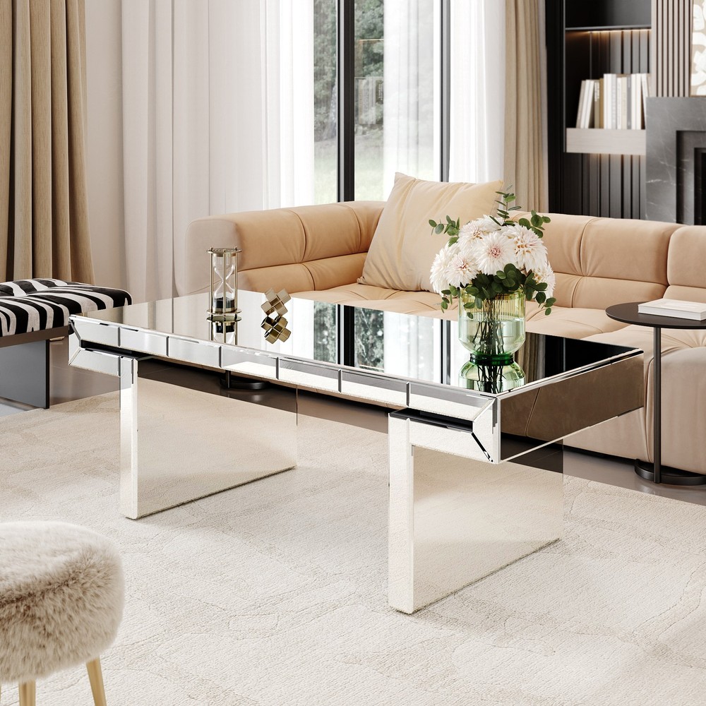 47 Inches Luxury Rectangular Mirror Coffee Table with Fluted Tempered Glass, Mo