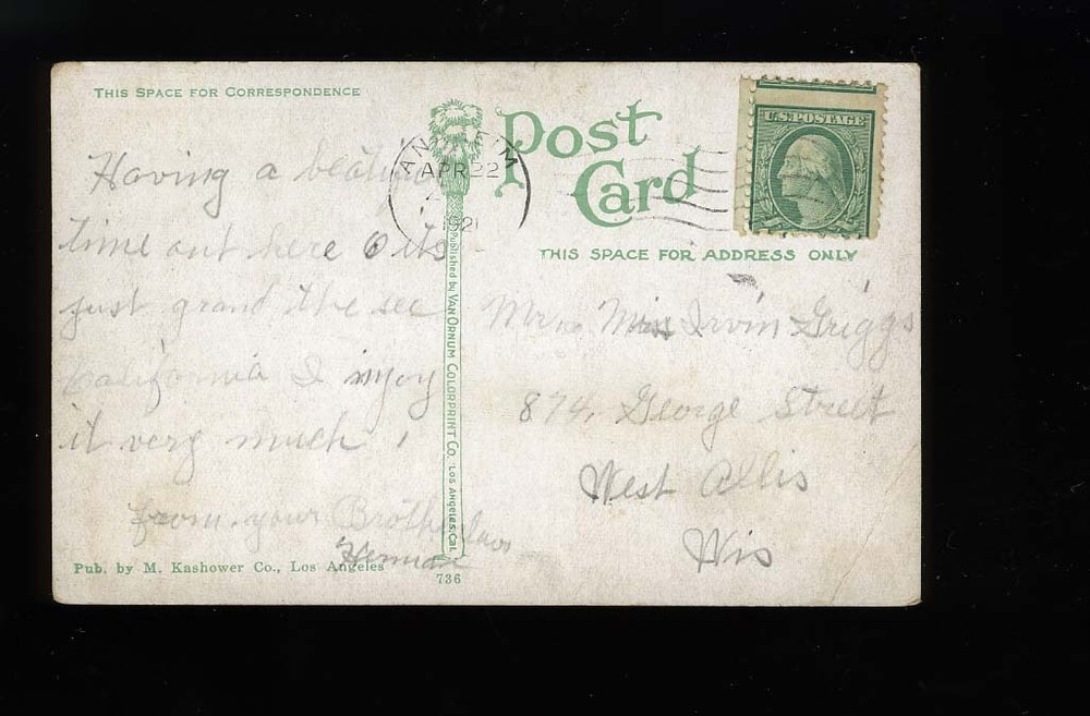 1921 postcard Anaheim CA  stamp perf shift EFO