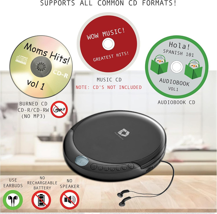 CD Player Portable with 60 Second Anti-Skip Stereo Earbuds Includes Aux-in Cable