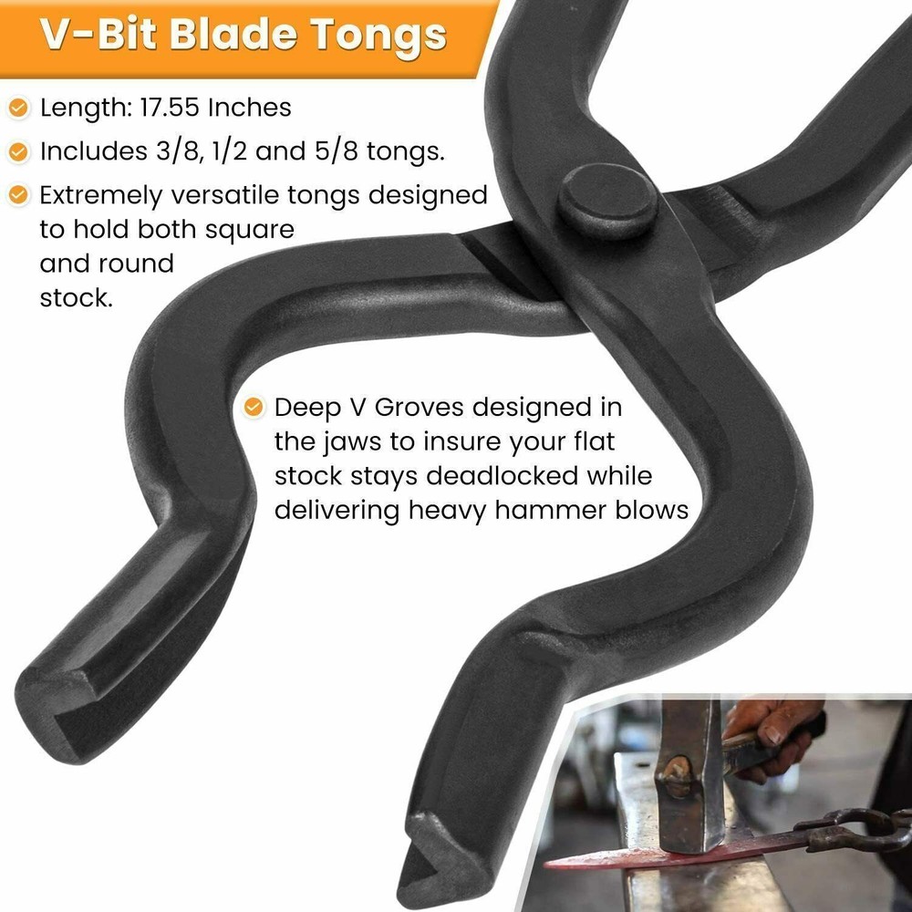 6 Pcs Blacksmith Tongs Set Anvil Forge Knife Making Tools Set V Bolt Flat Jaw