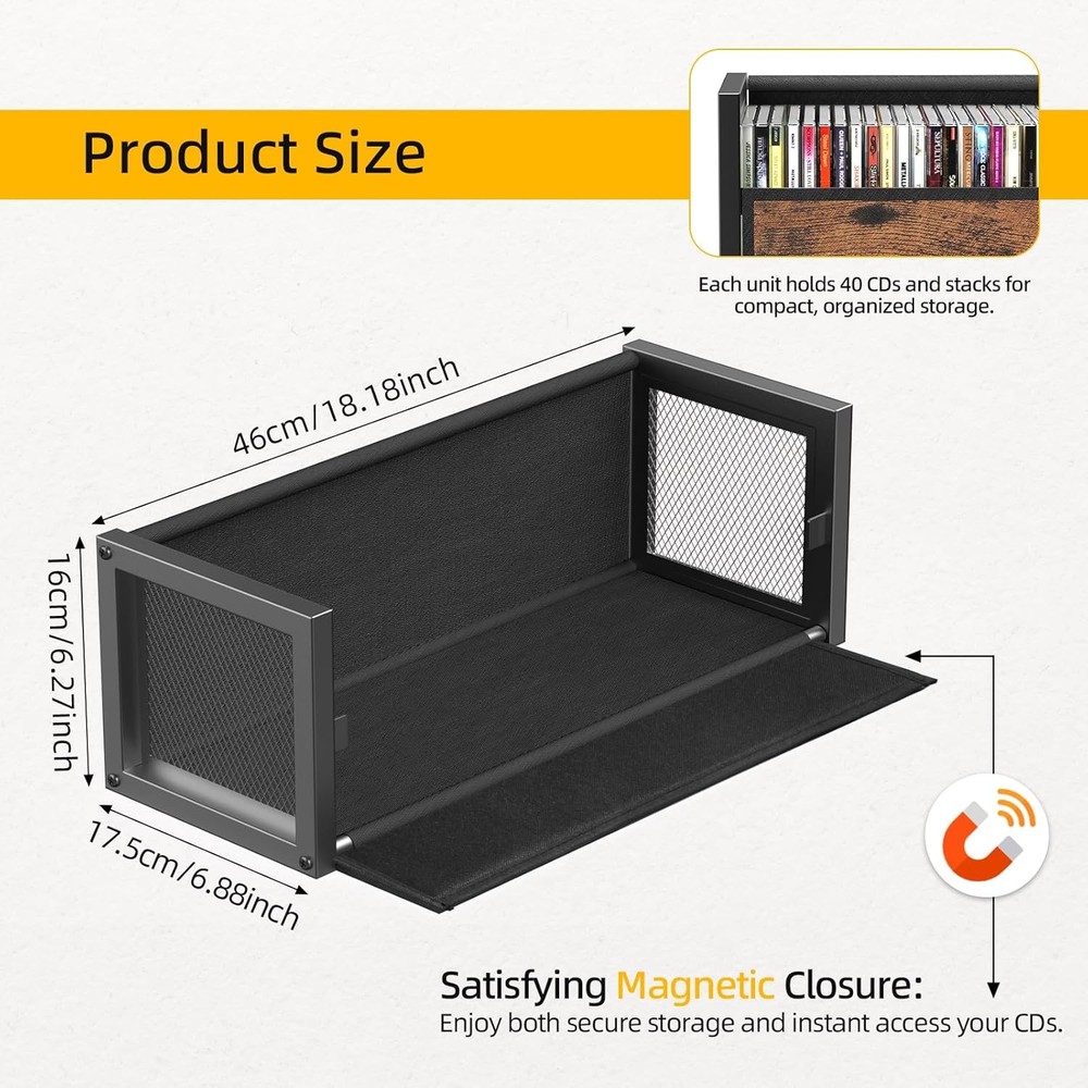 2-Tier CD Holder with Fabric Wood Grain Texture, Stackable CD Storage Case and B