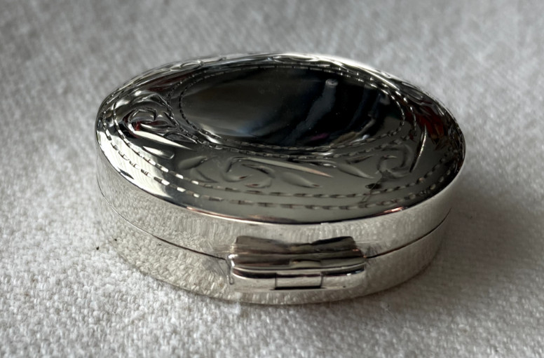 Sterling silver vintage etched oval pill box