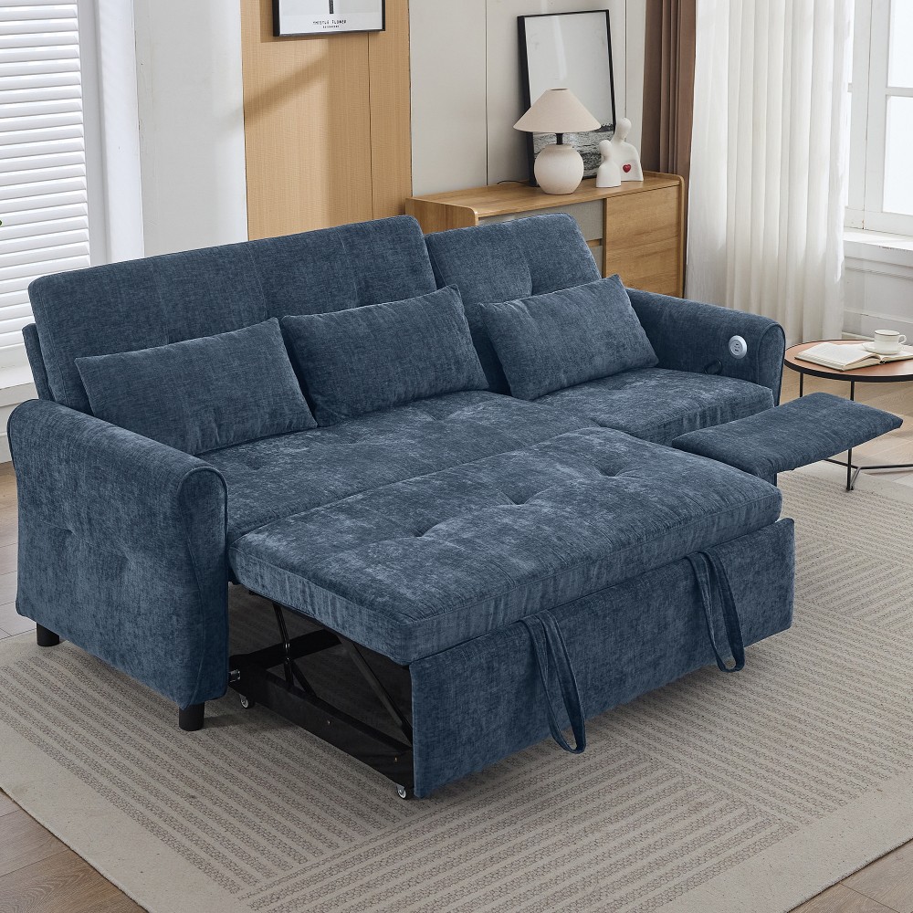 82" Blue Chenille Sofa Bed w/ Reversible Recliner, Adjustable Backrest, USB