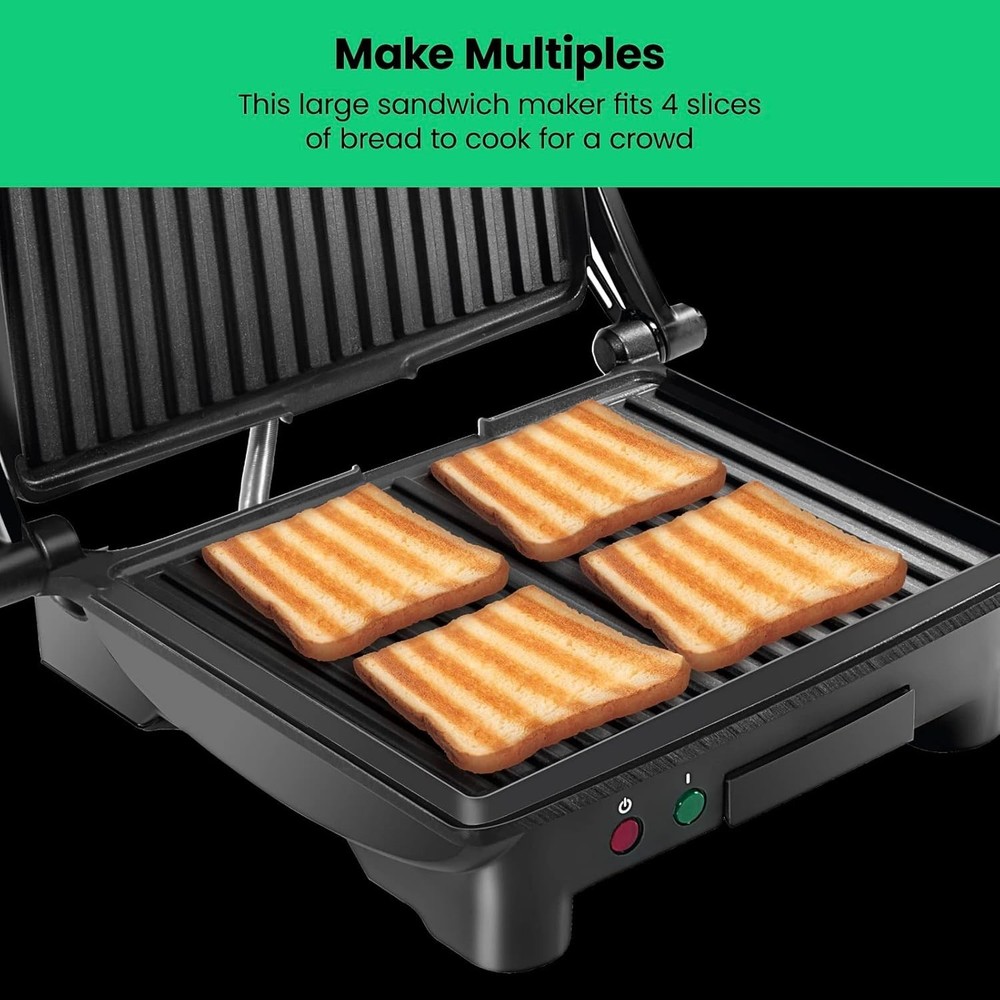 4 Slice Panini Press Grill - Non-Stick Plates, Black