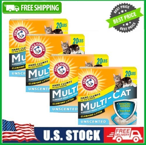(4 pack) ARM & HAMMER Multi-Cat Clumping Litter Unscented, 20 lb/pack