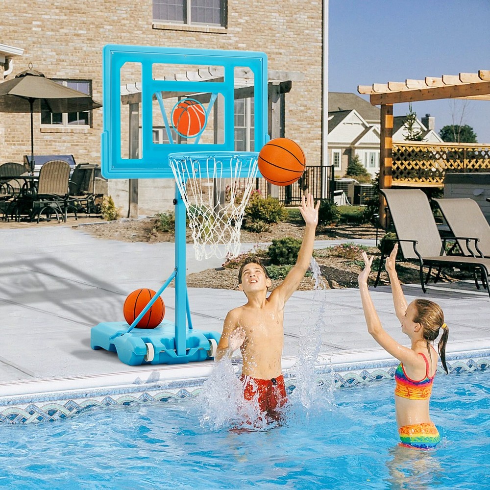 Adjustable Pool Basketball Hoop, Portable with Wheels, Includes Ball & Pump