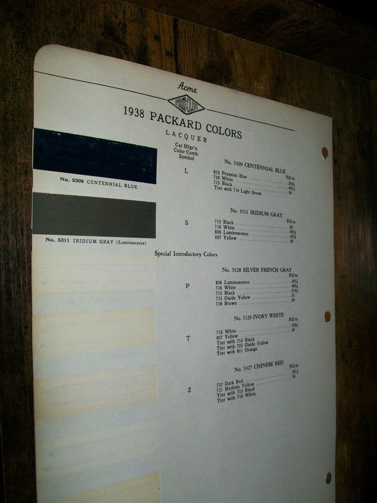 1938 PACKARD Acme car auto Paint Chips set-Very Good
