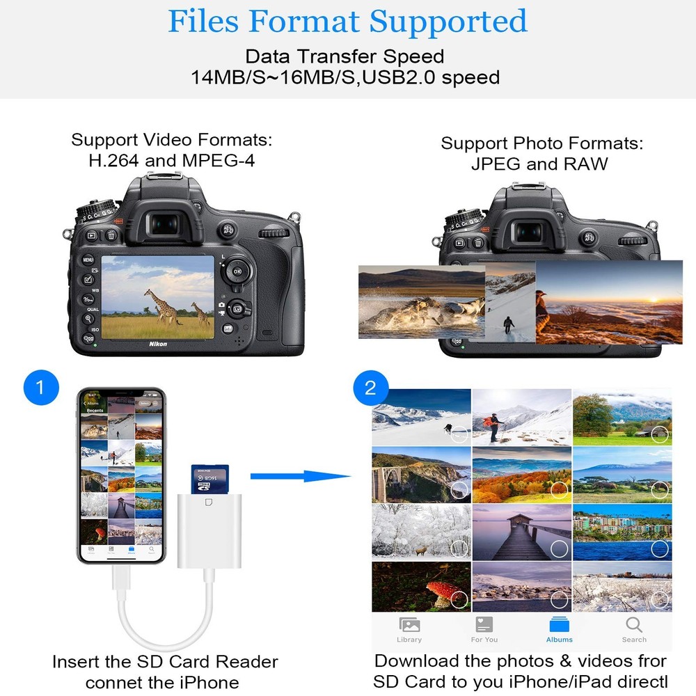 Lightning to SD Card Reader for Select iPhone, iPad and iPod Models (Support ...