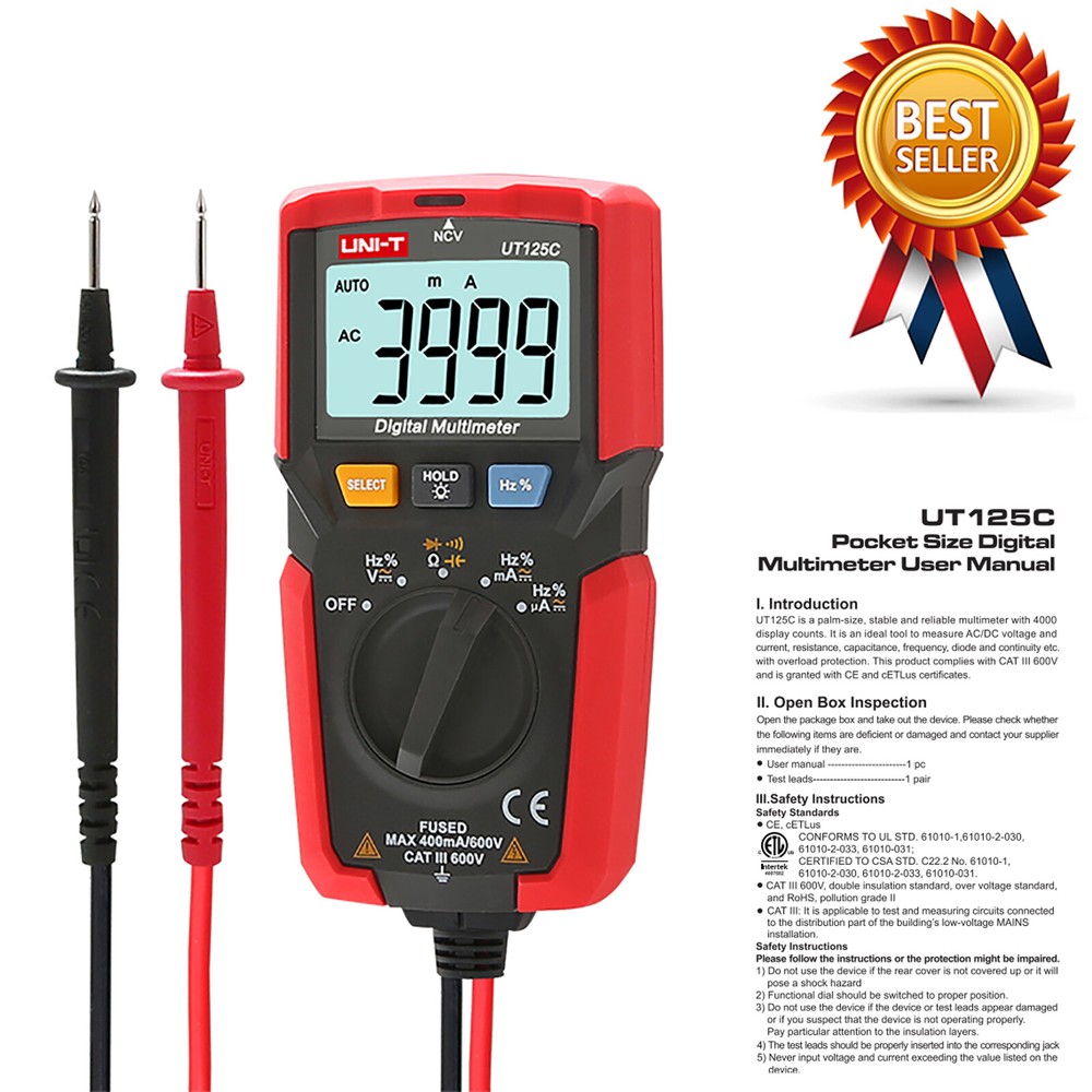 UNI-T UT125C Handheld Auto Range AC/DC Voltage Tester OHM AMP Digital Multime✦Kd