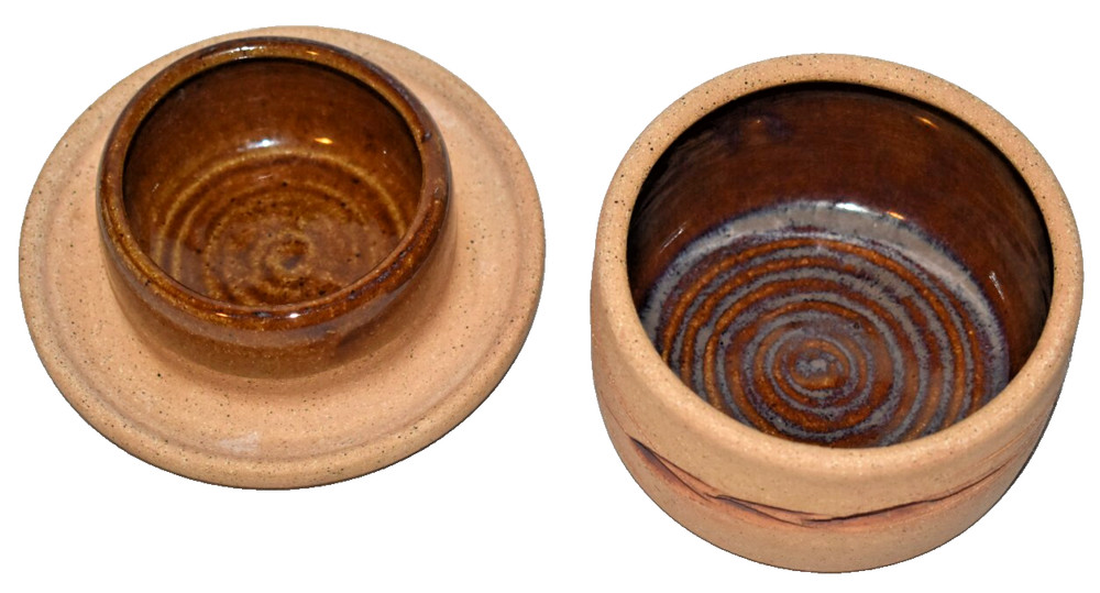 2 Studio Pottery Stoneware Covered Lid Dishes Bowls