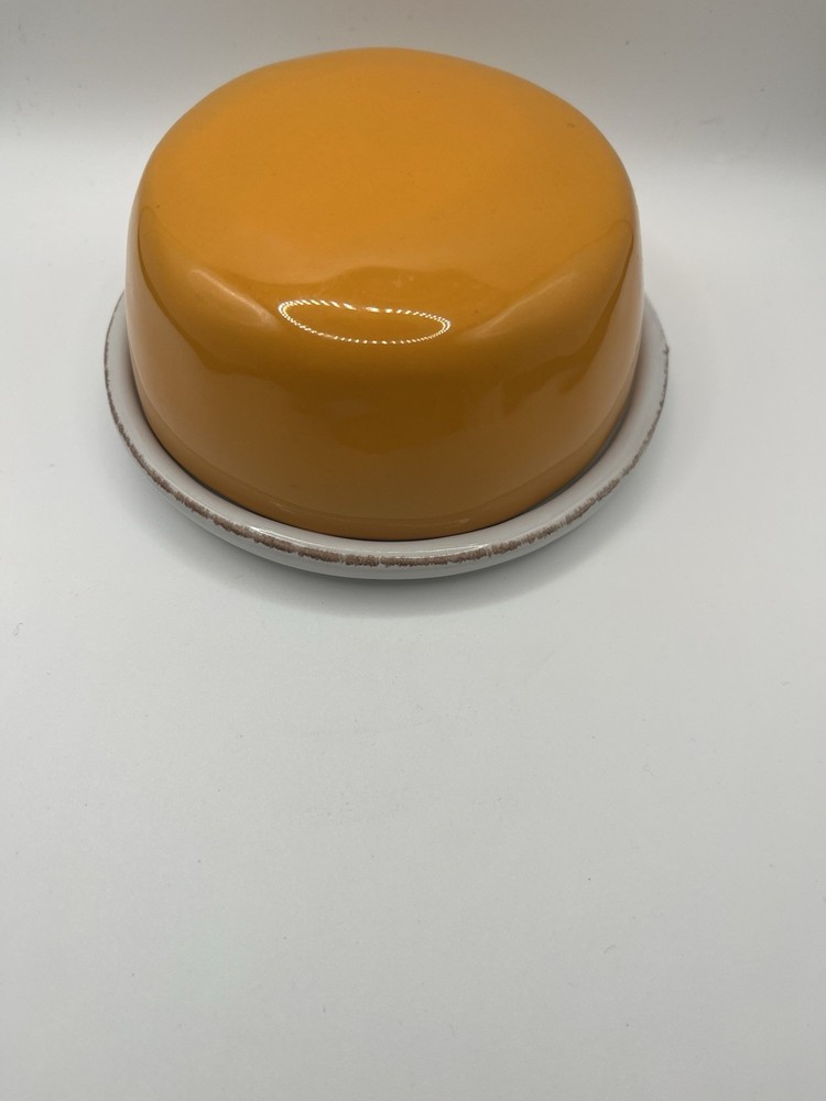 Butter Dish Yellow & White Round Small Covered Threshold Stoneware