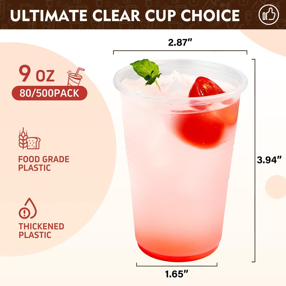 9 oz Plastic Cups, 500 Pack - Clear Disposable Drinking Water Cups for Cold B...