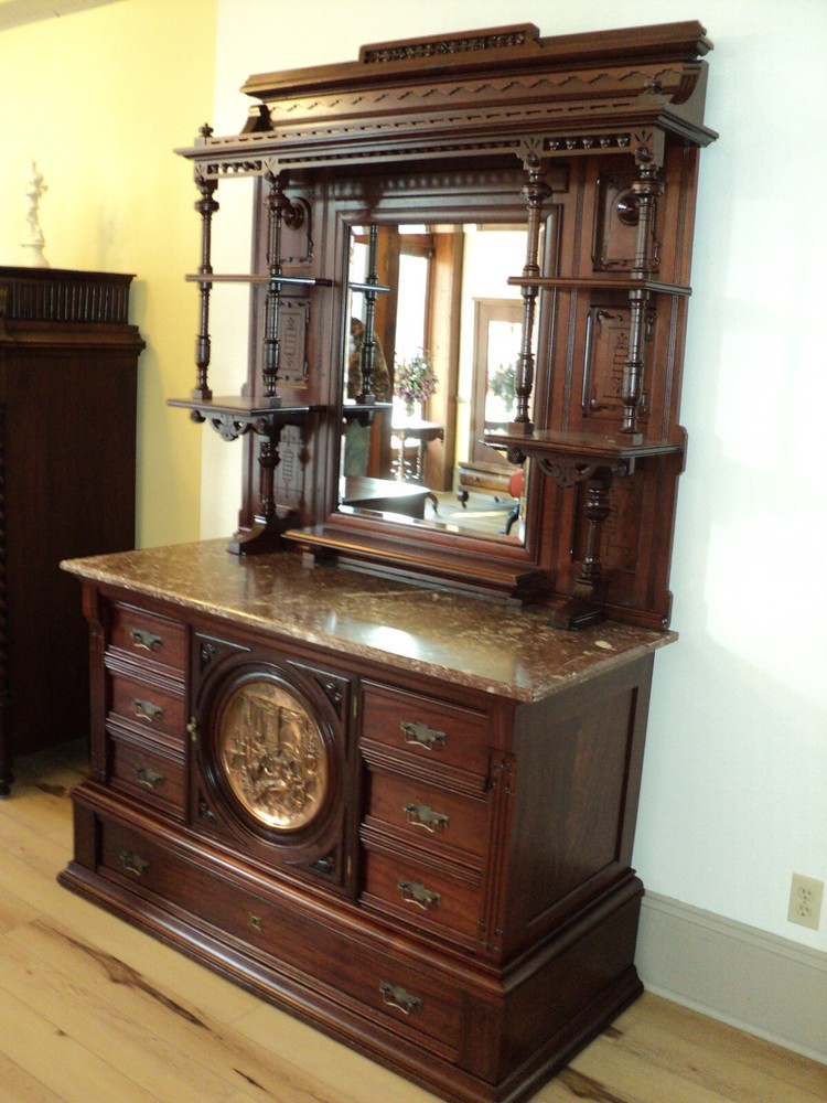 Late 19th Century Victorian Marble Top Cherry Buffet Sideboard with Mirror
