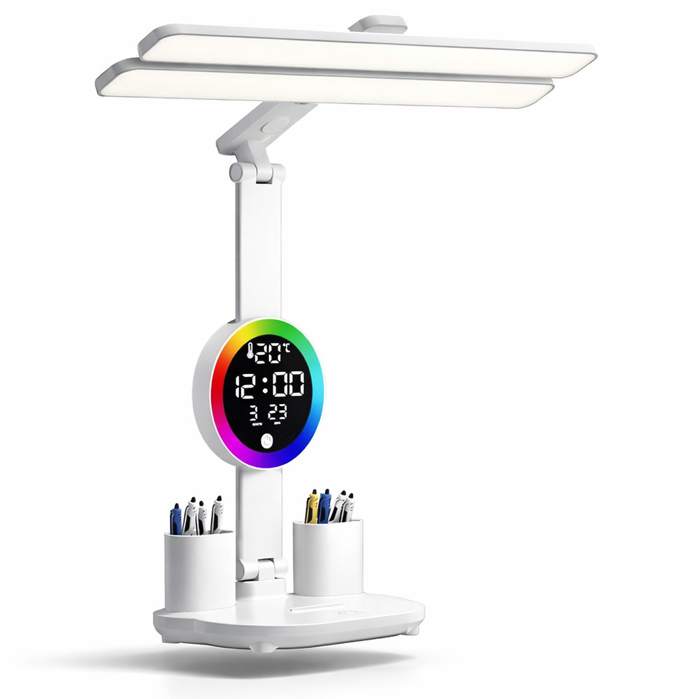 LED Desk Light Dimmable Reading Night Lamp USB Rechargeable Touch Sensor w/Clock