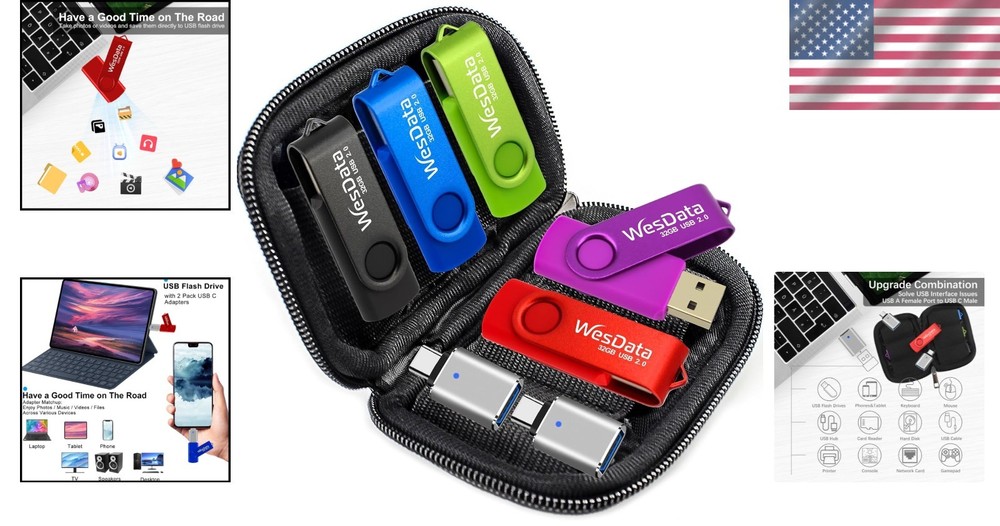 Stylish 5 Pack 64GB USB Flash Drives & USB C Adapters - High-Speed Data Transfer