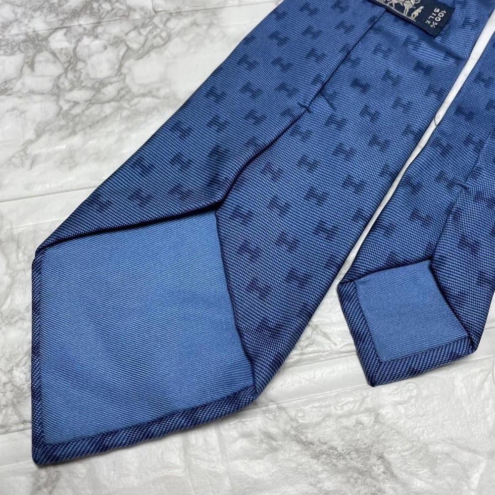 HERMES Tie H Pattern Silk Blue