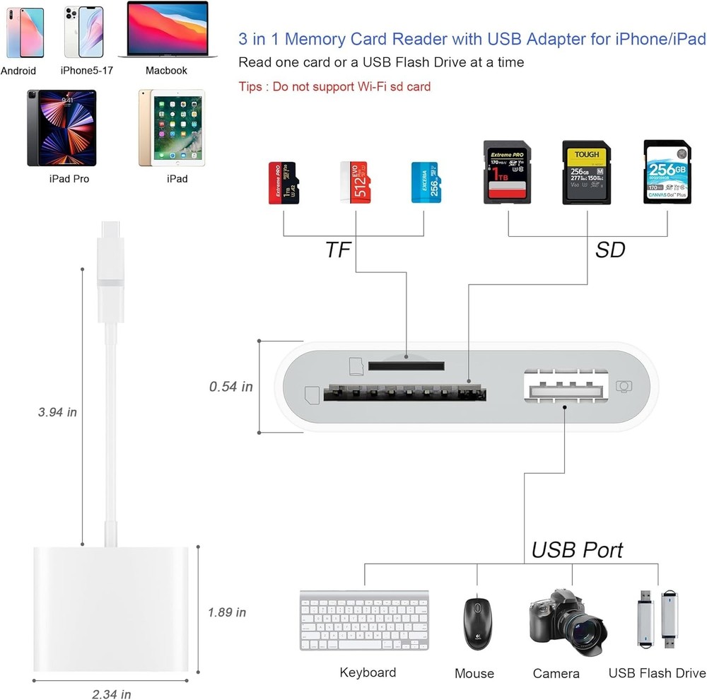 SD Card Adapter Reader for iPhone iPad USB MicroSD Memory Camera Transfer