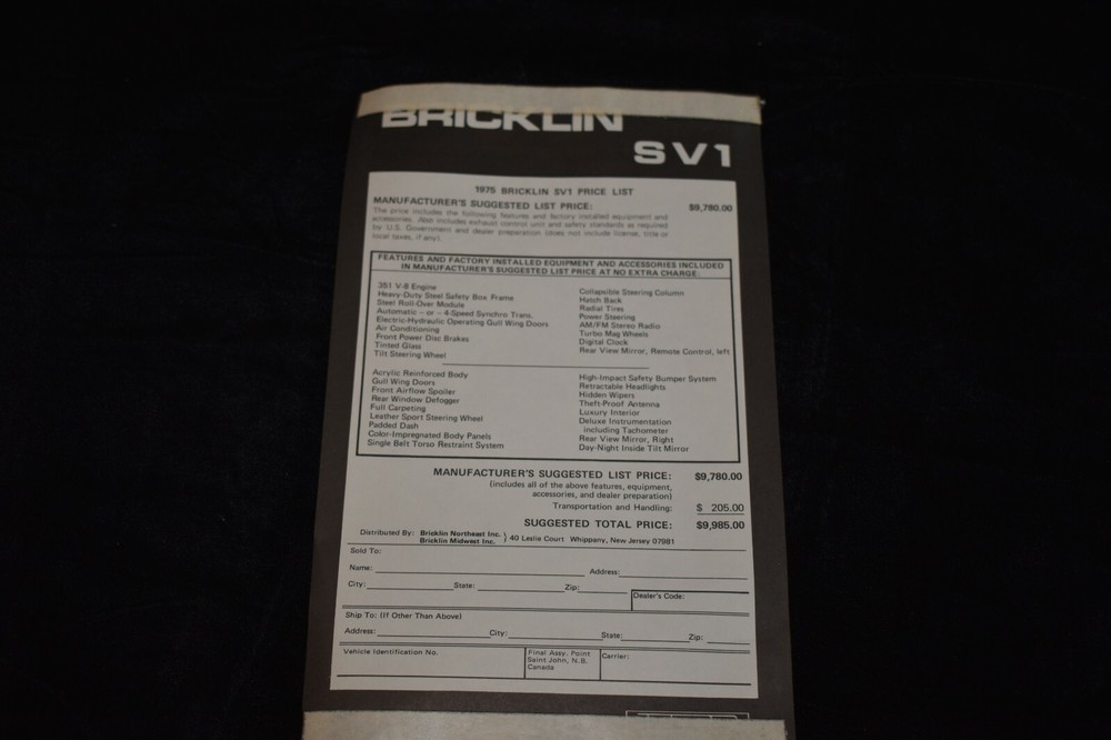 1975 Bricklin SV1 Original Window Sticker SV-1
