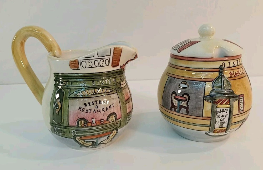 Sakura Hand Painted Earthenware Sugar & Creamer Paris Bistro Set