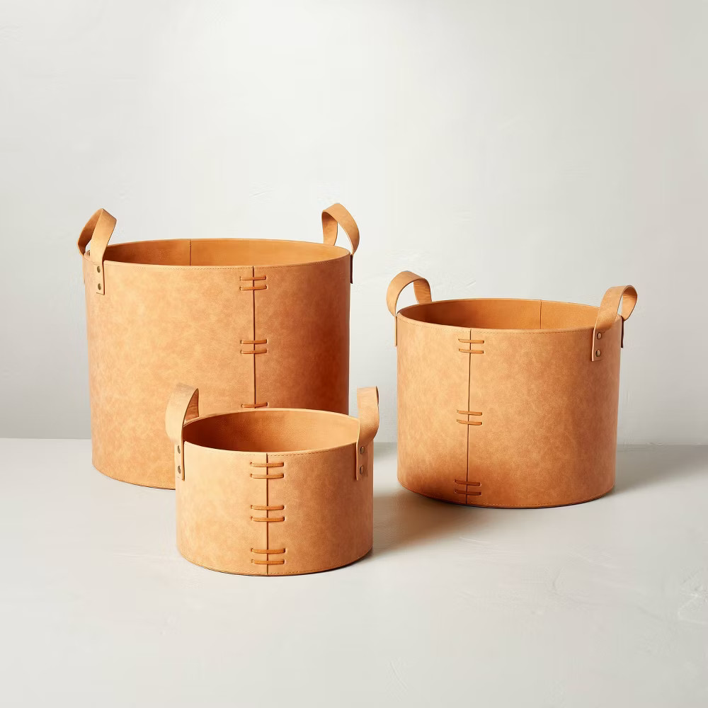 Large Faux Leather Storage Bin Camel Brown - Hearth & Hand with