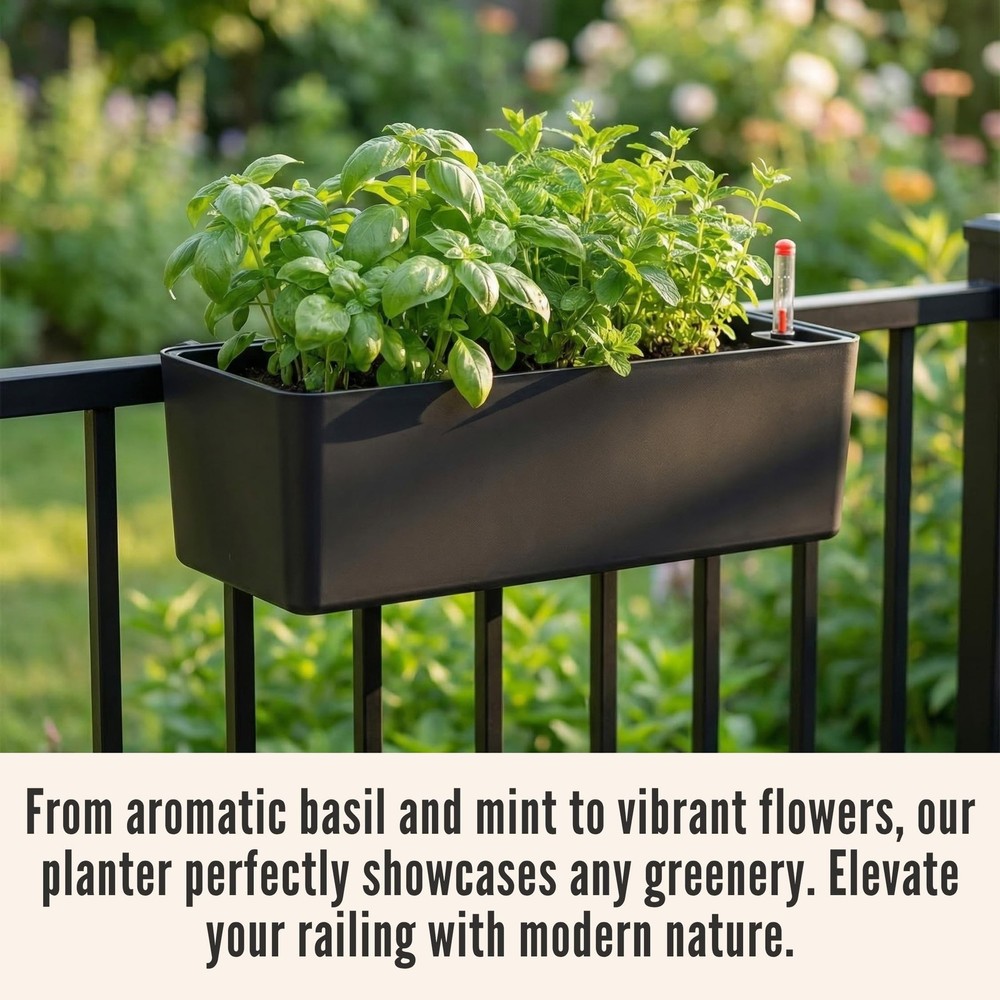 LaLaGreen Railing Planter Boxes (16 Inch, 2 Pack) Black Rectangular Plastic W...