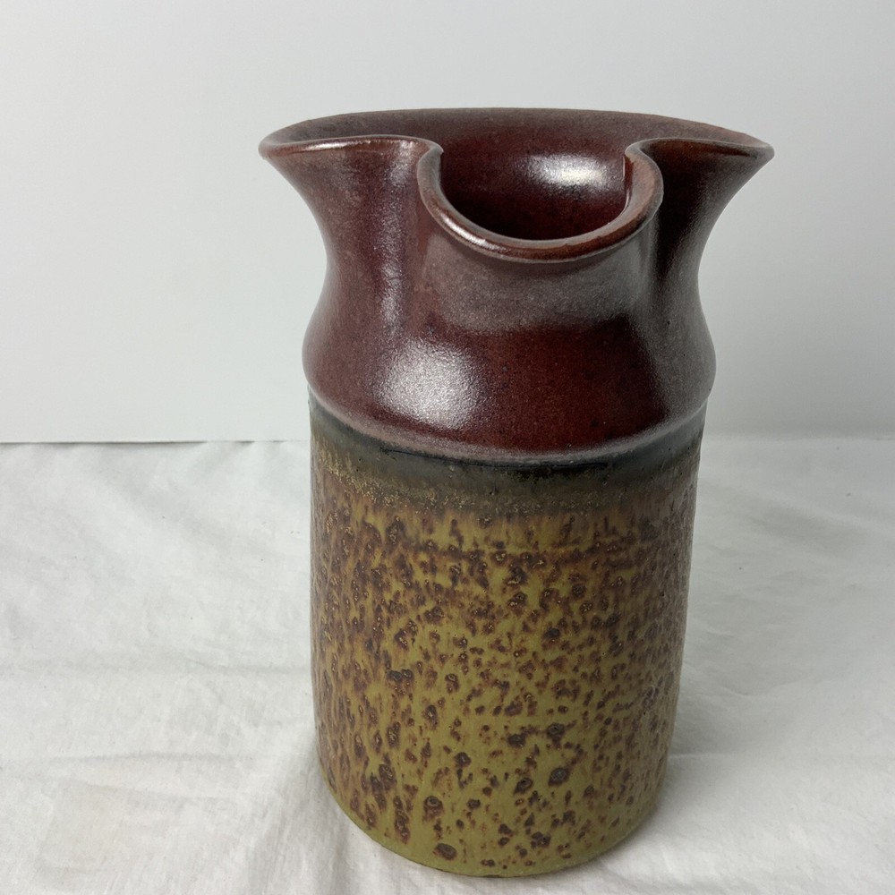 Speckled Brown Two Tone Art Pottery Pitcher Signed DA