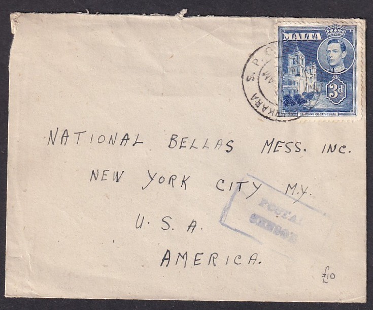 Malta World War 2 cover to USA with boxed "POSTAL/CENSOR"