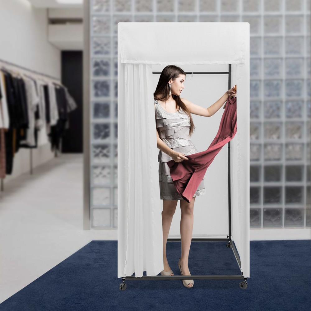 White Portable Fitting Room Changing Room Movable Dressing Room With 4-Wheels