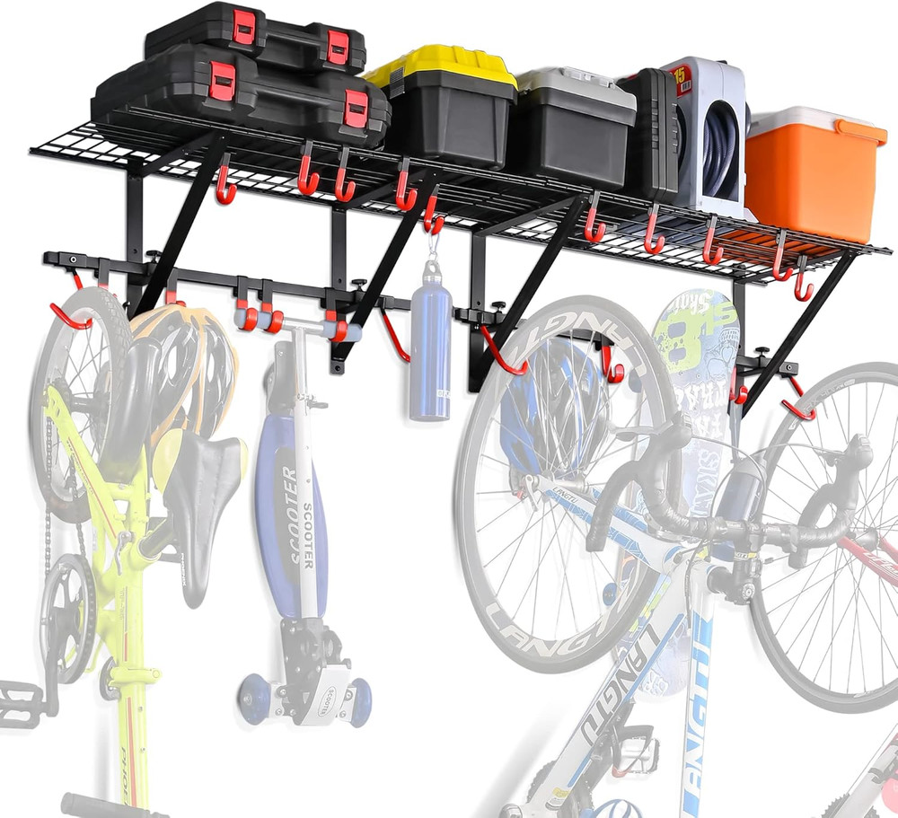Garage Wall Shelving Includes Bike Hooks, Sturdy Adjustable Garage Shelving Wall