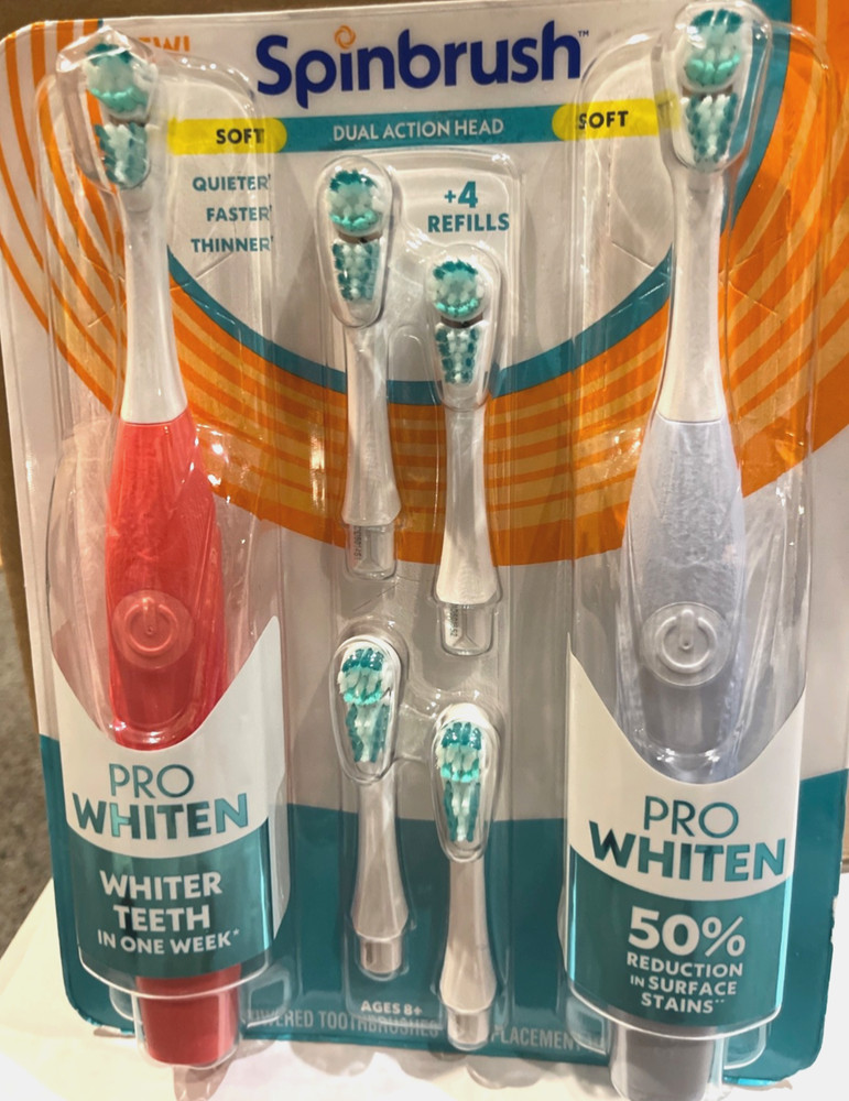 Spinbrush PRO Whiten Dual Action Head 2 Brushes -Plus 4 Refill