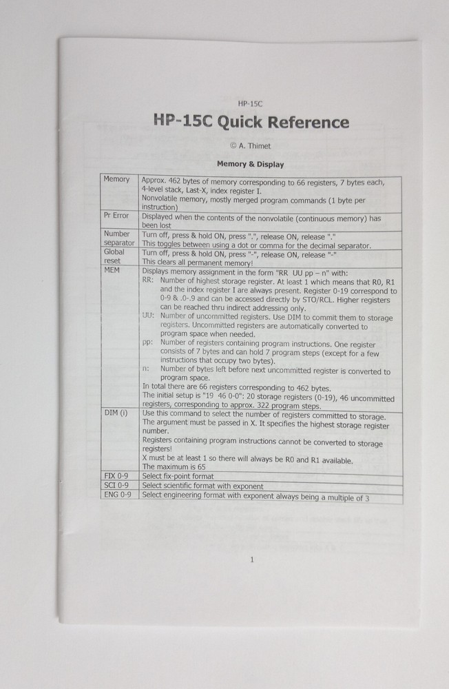 Hewlett Packard HP-15C Calculator Quick refeference