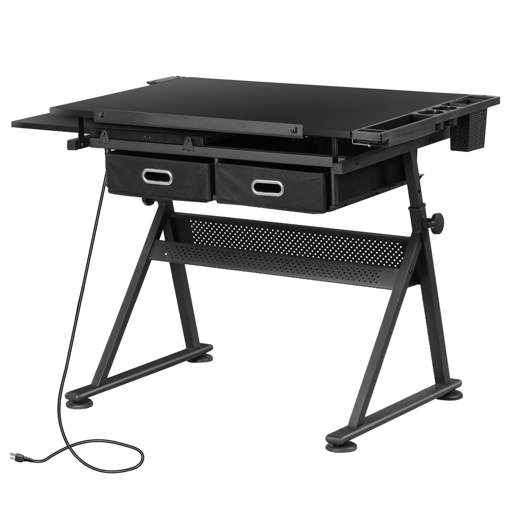 Drafting Table Adjustable Drawing Table Craft Desk w/ Charging Station Black