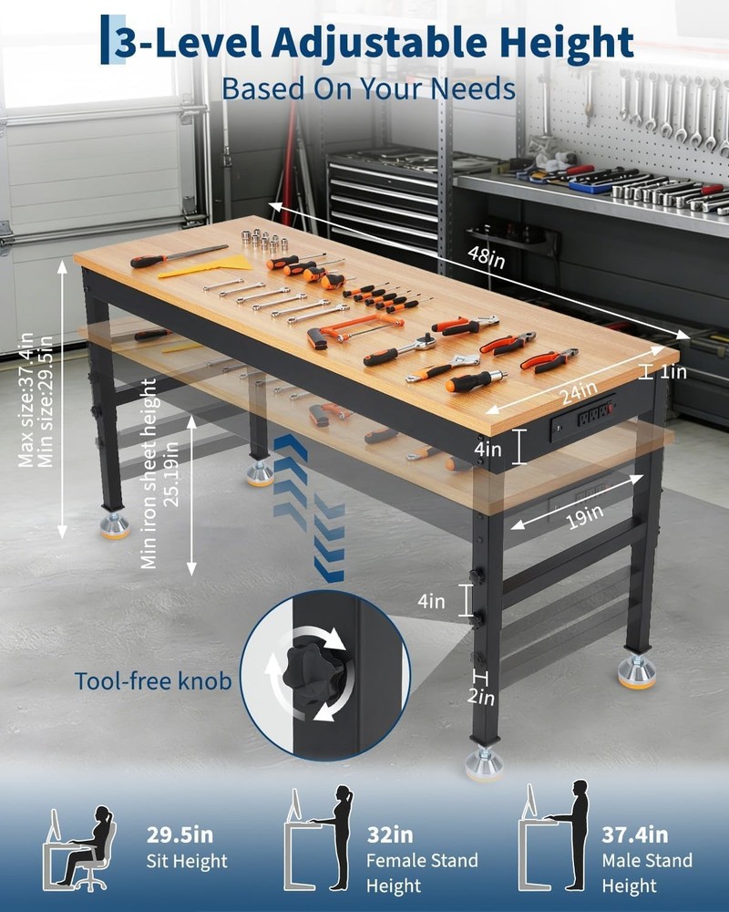 48in Adjustable Workbench Garage Tool Bench w/ Power Outlet 2500LB