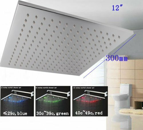Bathroom Shower Head Set 12" Water Power LED (Ceiling) Rainfall Spray - Chrome