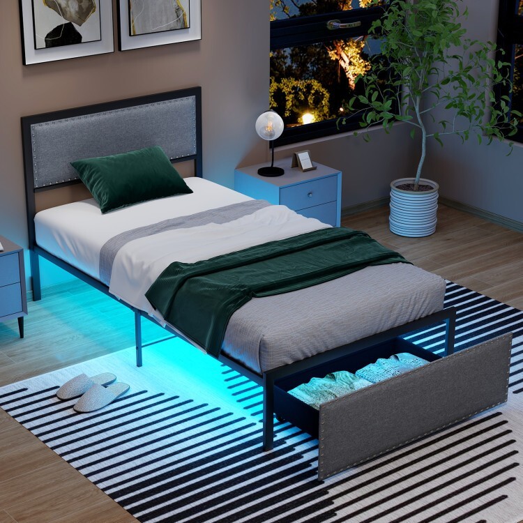 Twin Size Upholstered Bed Frame w/ LED Light Rolling Storage Drawer & Metal Slat