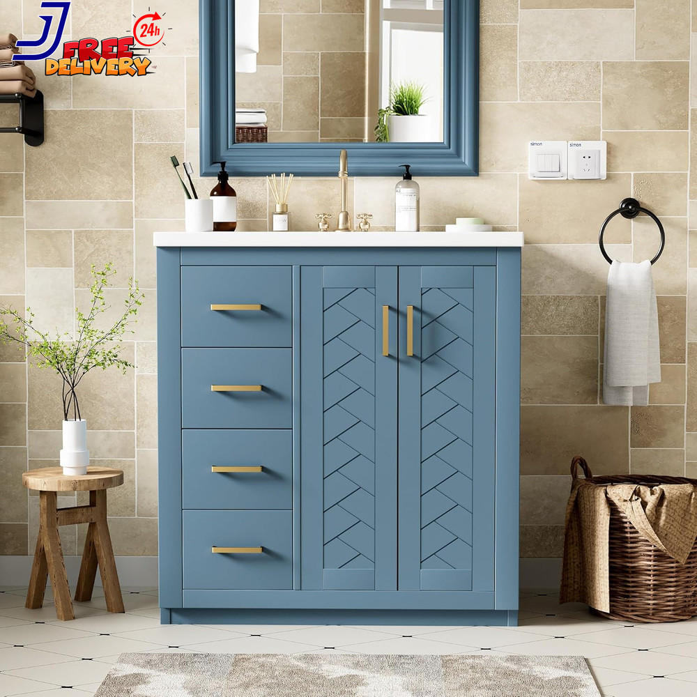 30'' Bathroom Vanity with Ceramic Sink Combo Solid Wood Frame Bathroom Storage