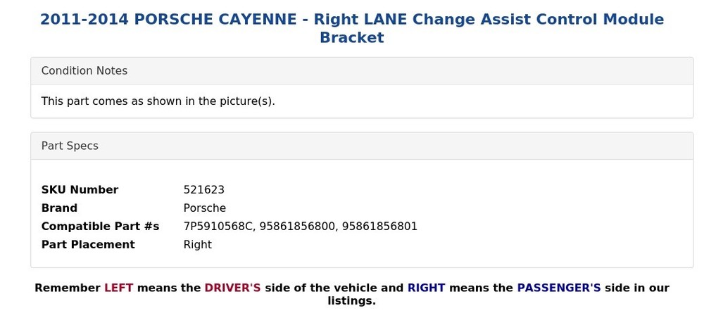 2011-2014 PORSCHE CAYENNE - Right LANE Change Assist Control Module Bracket