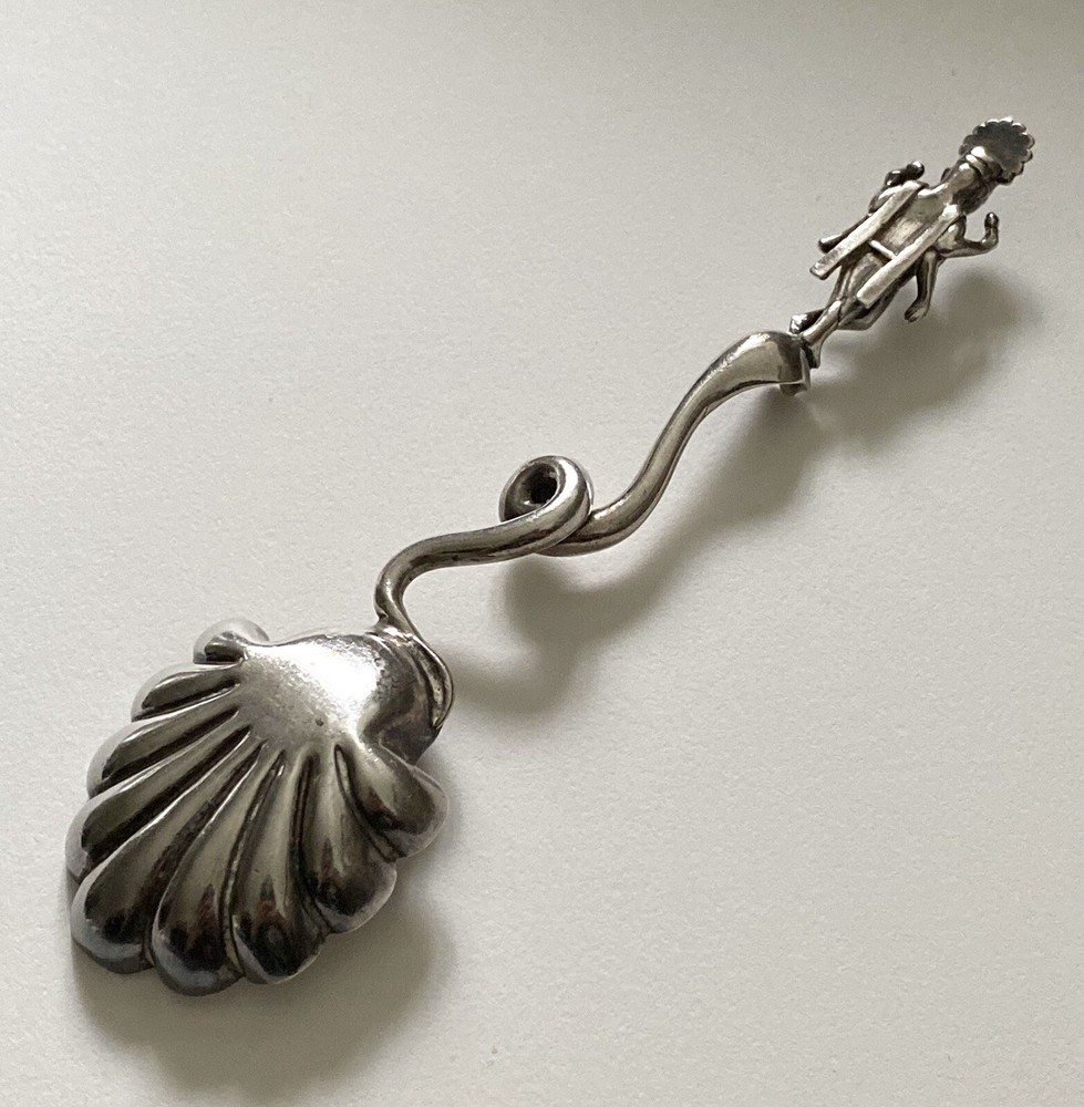 Antique Solid Silver SHIVA SNAKE CHARMER FIGURAL SPOON - SHELL BOWL (5H11)