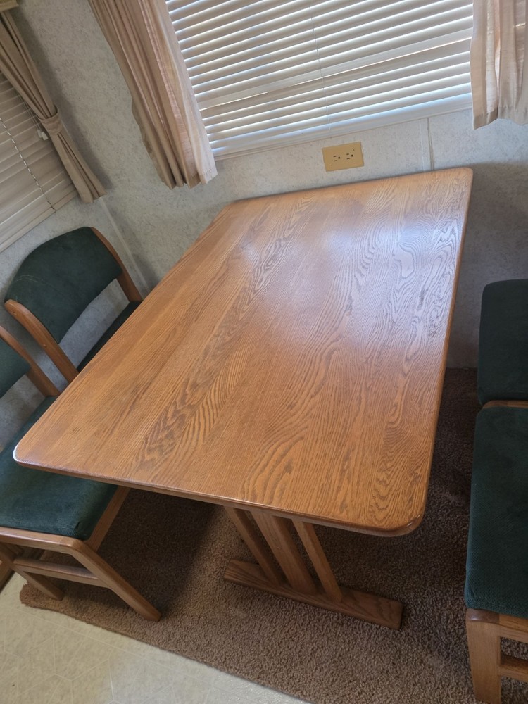 Light Brown Wood Dining Table Set with 4 Green Upholstered Chairs, Rectangular