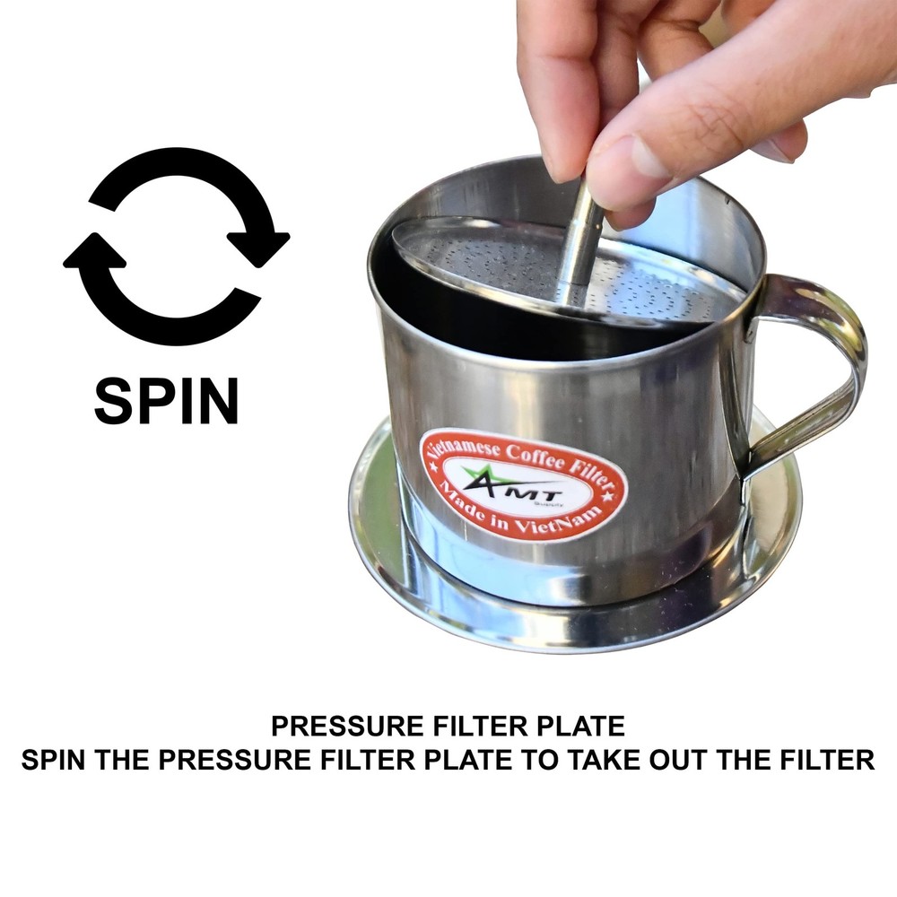 AMT 9.5 oz Coffee Maker, Phin Filter, Screw Down OZ - Handle, Silver