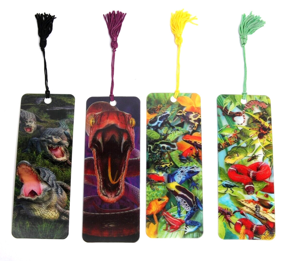 3D Lenticular Bookmarks w/ Tassel Assorted 4 Pack - Alligators Snakes Frogs Bugs