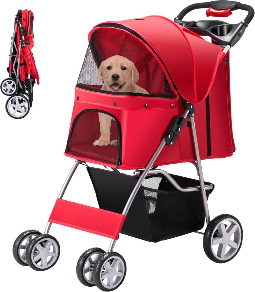 Foldable Pet Stroller 4 Wheels Strolling Cart for Medium/Small Dogs Cats