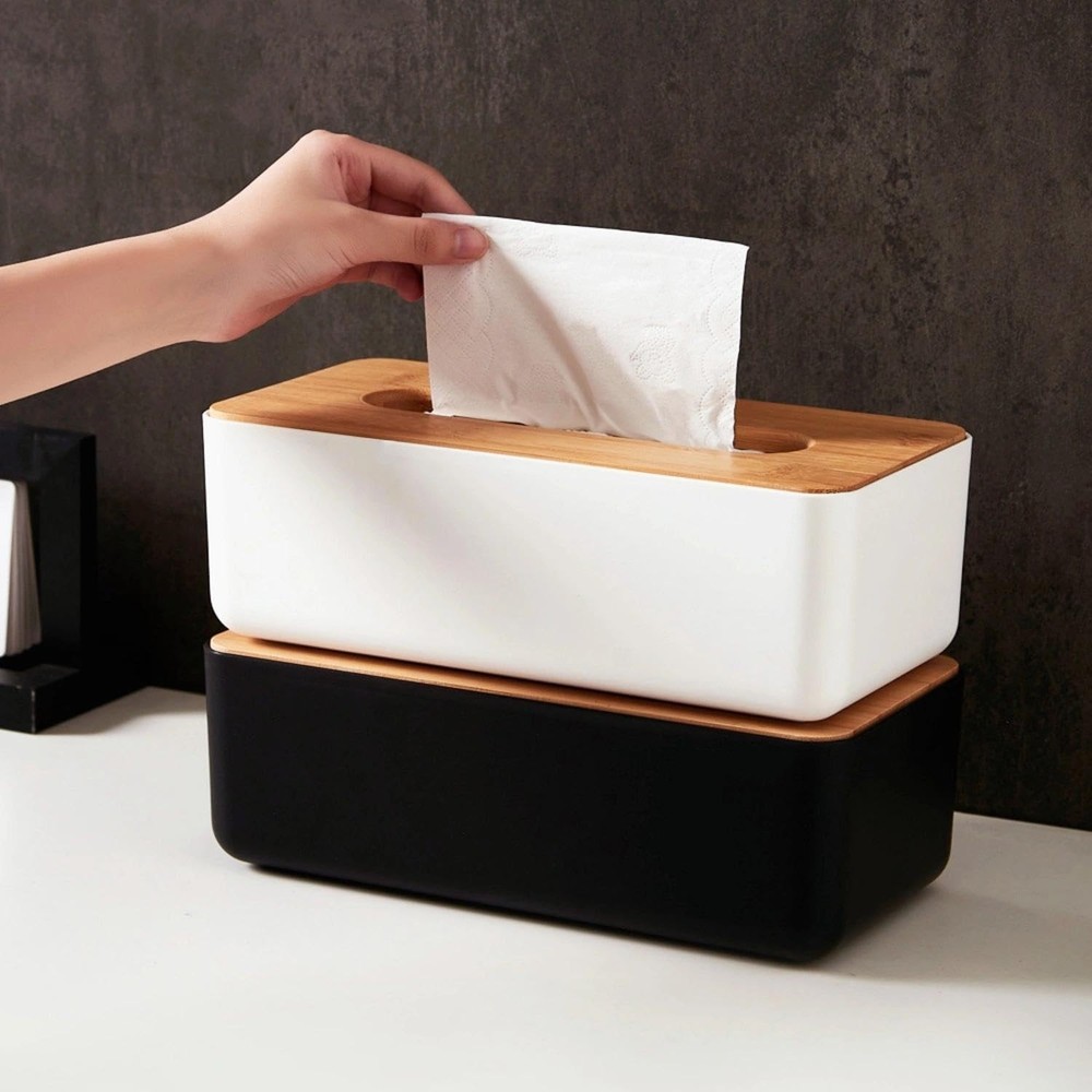 Tissue Box with Bamboo Cover, Plastic Tissue Organizer, Bathroom Tissue Dispense
