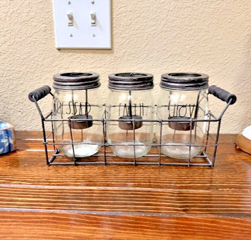 Rae Dunn Three Mason Jars with Script Labels-Blessed- Faith- Love in Rustic Rack