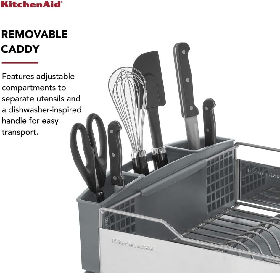 Dish Rack with Angled Drain Board and Removable Flatware Caddy, Light Grey