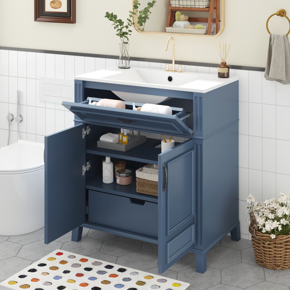 30'' Bathroom Vanity with Ceramic Sink,Solid Wood Frame Bathroom Storage Cabinet