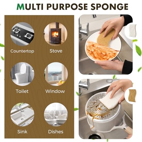 12 Pack Natural Biodegradable Kitchen Non Scratch Sponges,Compostable Plant