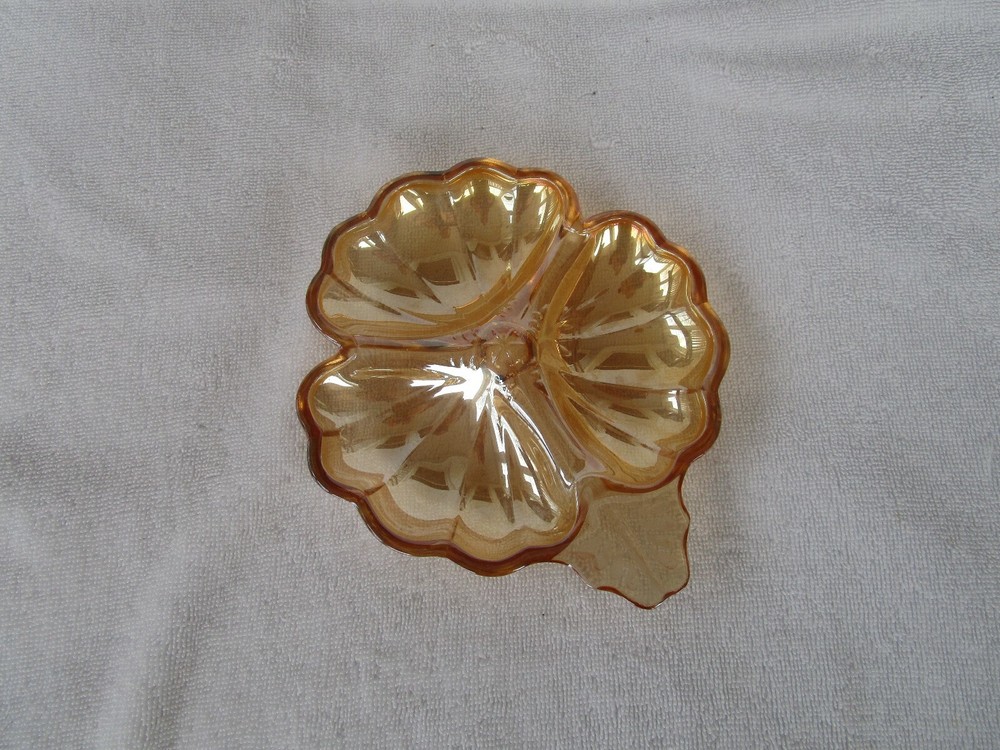Vintage Carnival Glass Marigold Sectional Candy Dish Leaf Pattern 3 Sections