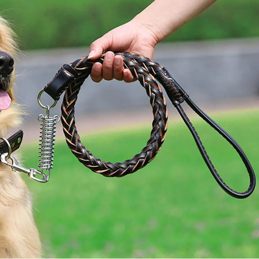 Strong Durable Real Leather Large Dog Leash with No Pull Buffer Spring Leather B